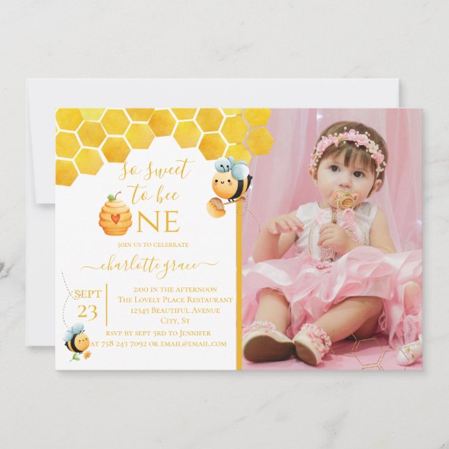 Invitation Donc, Sweet To Bee One Bee Photo Anniversaire Invi (Devant)