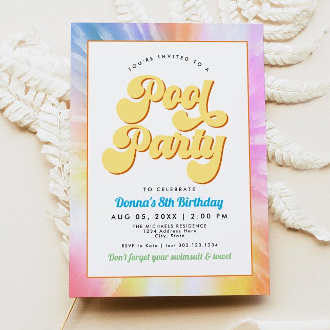 Invitation DONNA Retro Font Tie Dye Pool Party Anniversaire (Créateur téléchargé)