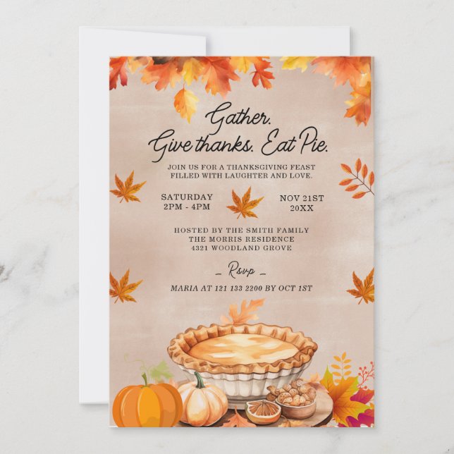 Invitation Donnez Merci Mangez Pie Thanksgiving Diner Party (Devant)