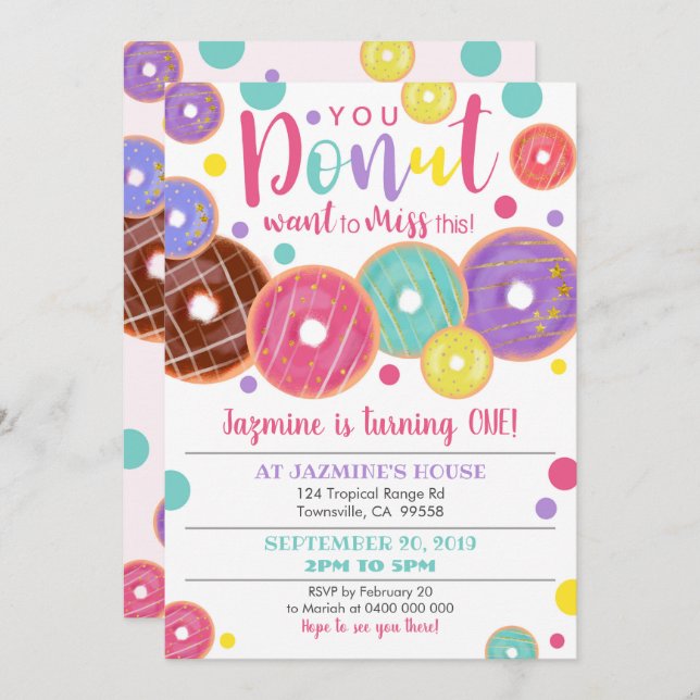 Invitation Donut 1er Anniversaire Invitation, Donut Miss it (Devant / Derrière)
