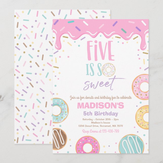 Invitation Donut 5e anniversaire : Cinq est si doux (Devant / Derrière)