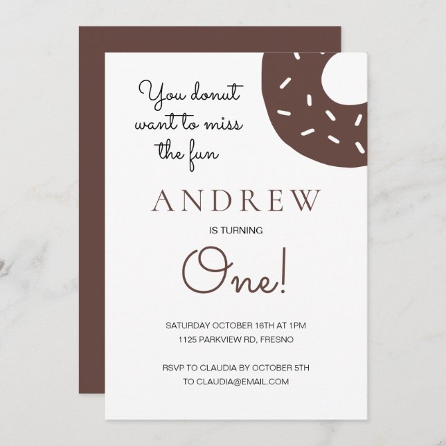 Invitation Donut au chocolat à l'âge d'un premier anniversair (Devant / Derrière)