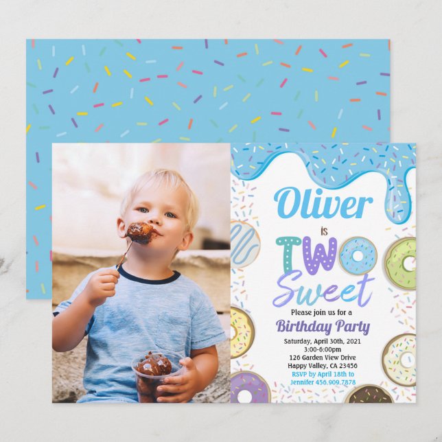 Invitation Donut Boy Two Sweet 2nd Birthday Party Blue Photo (Devant / Derrière)