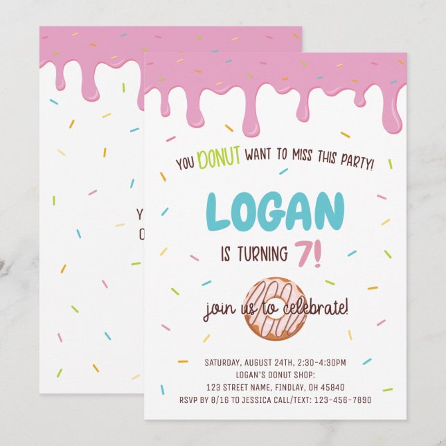Invitation Donut coloré et arroses Anniversaire personnalisé (Devant / Derrière)