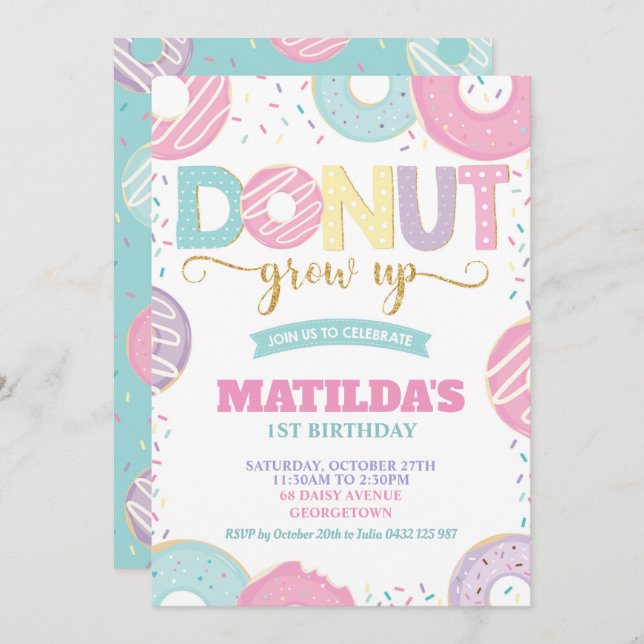 Invitation Donut Grow Up 1er anniversaire Fille Doughnut Part (Devant / Derrière)