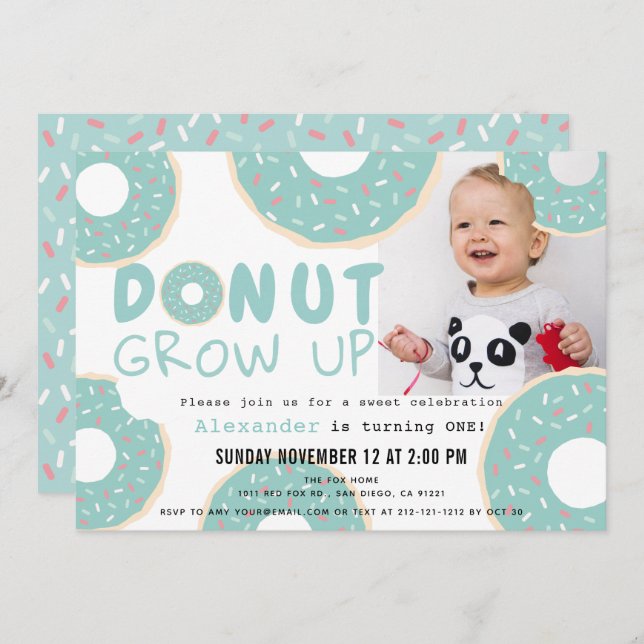Invitation Donut Grow Up Blue Boy Photo 1er anniversaire (Devant / Derrière)