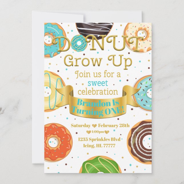 Invitation Donut Grow Up Donut Boy ou Girl Birthday Party (Devant)
