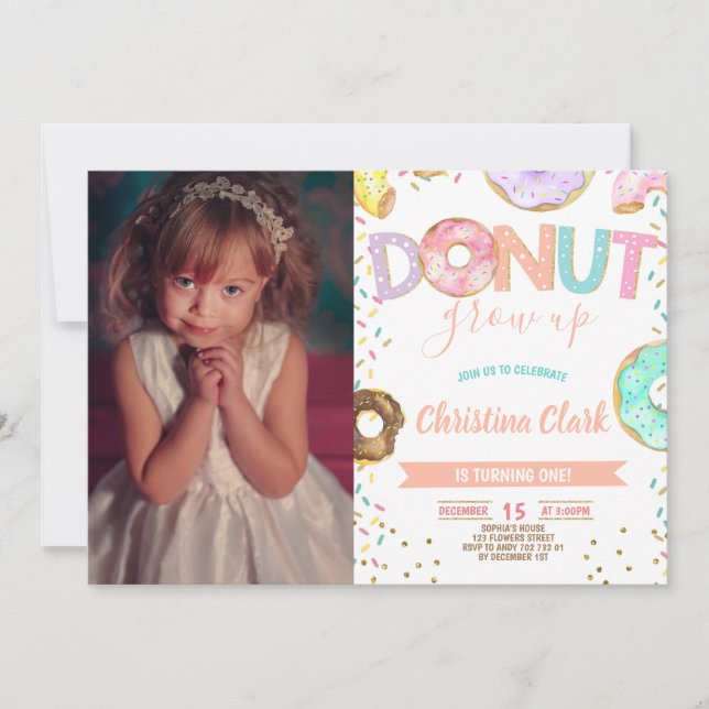 Invitation Donut Grow Up Girl 1er anniversaire avec photo (Devant)