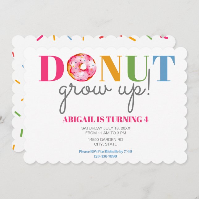 Invitation Donut Grow Up mignon Anniversaire asperge les enfa (Devant / Derrière)