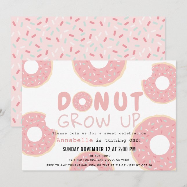 Invitation Donut Grow Up Rose Girl 1er anniversaire (Devant / Derrière)