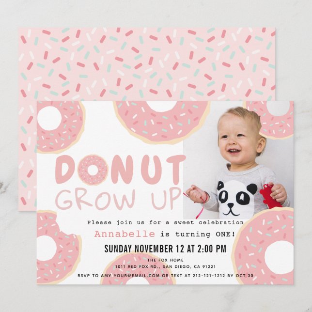 Invitation Donut Grow Up Rose Girl Photo 1er anniversaire (Devant / Derrière)
