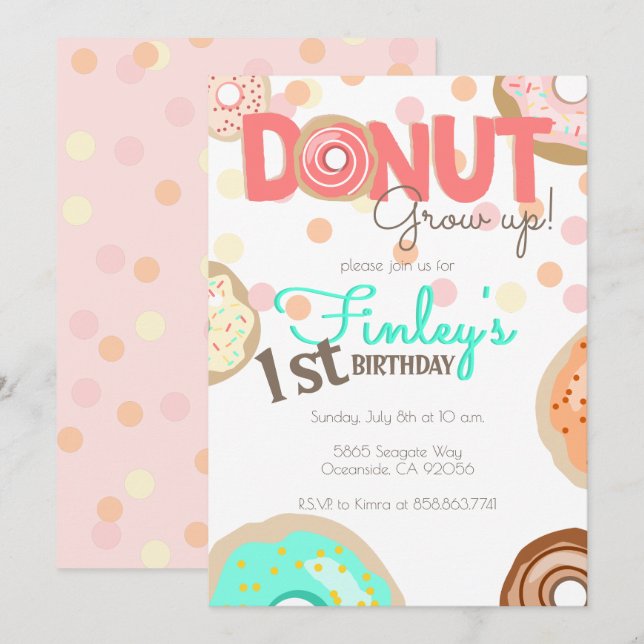 Invitation Donut Grow Up Thème Anniversaire petite fille Brun (Devant / Derrière)