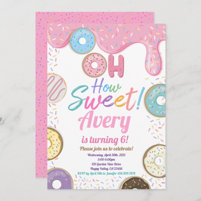 Invitation Donut How Sweet Birthday Party Pink Pastel Girl (Devant / Derrière)