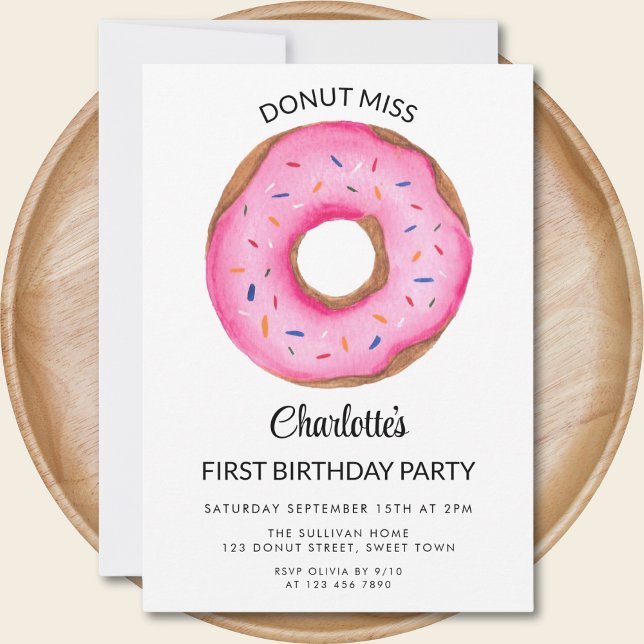 Invitation Donut Miss Fille fête de premier anniversaire (Créateur téléchargé)