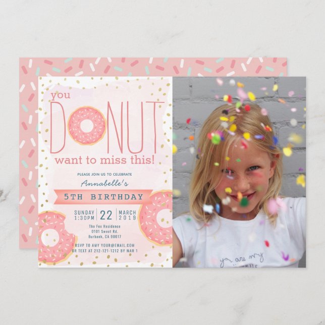Invitation Donut Pink x Gold Photo Girl Anniversaire