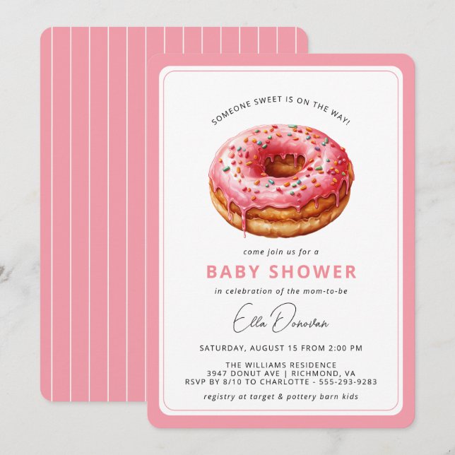 Invitation Donut rose | Cute Dessert Thème Fille Baby shower (Devant / Derrière)