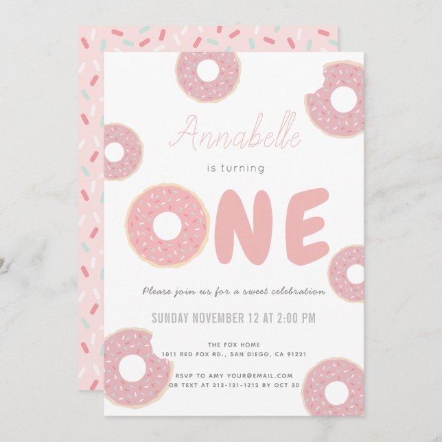 Invitation Donut rose douce fille 1er anniversaire (Devant / Derrière)