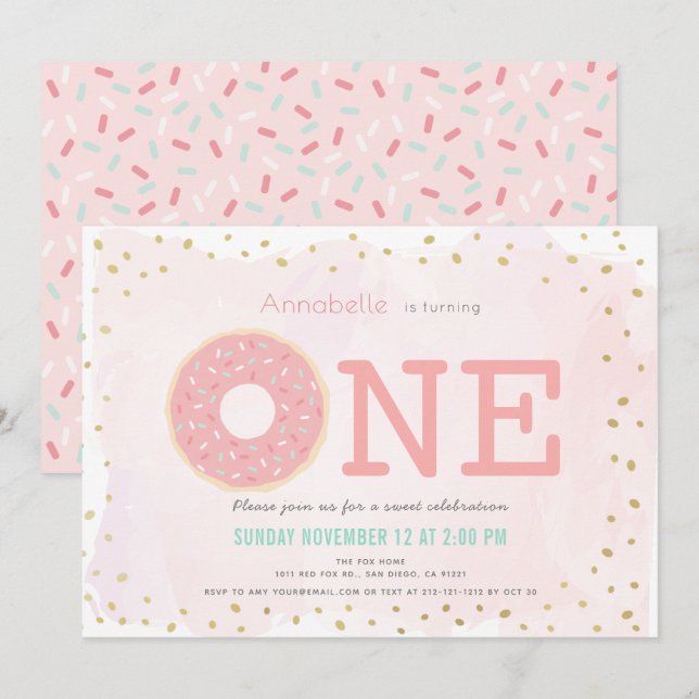 Invitation Donut rose et or fille 1er anniversaire (Devant / Derrière)