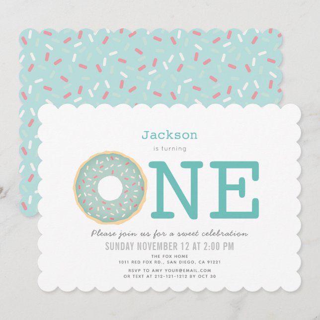 Invitation Donut Simple Mint Green Boy 1er anniversaire (Devant / Derrière)