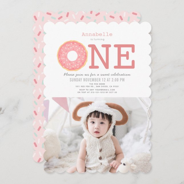 Invitation Donut Simple Rose Girl Photo 1er anniversaire (Devant / Derrière)