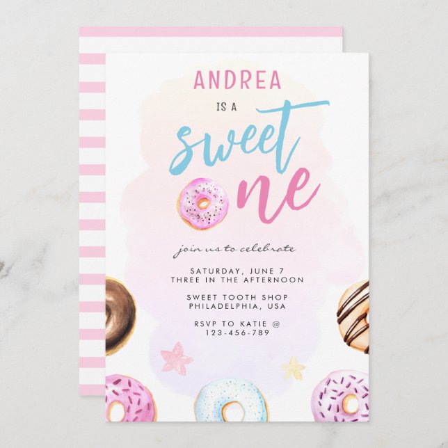 Invitation Donut Sweet One Rose and Blue Girl Premier anniver (Devant / Derrière)