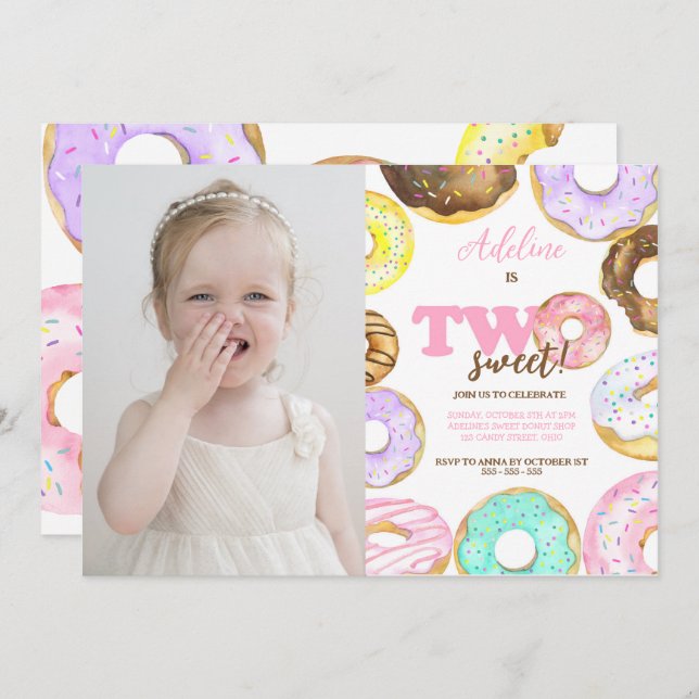 Invitation Donut Two Sweet 2nd Birthday Girl Cute Party (Devant / Derrière)