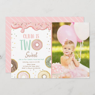 Invitation Donut Two Sweet Rose Doughnut Fille fête d'anniver