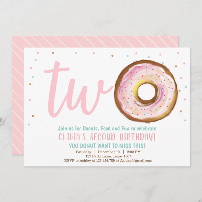 Invitation Donut Une Fille Deux Douce Fête d'Anniv (Devant / Derrière)
