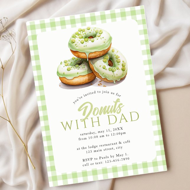 Invitation Donuts avec Papa Evénement scolaire Gingham vert (Créateur téléchargé)