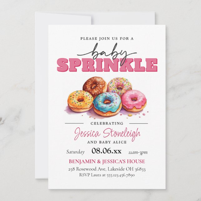 Invitation Donuts Bébé Paillettes Rose Bébé Fille (Devant)