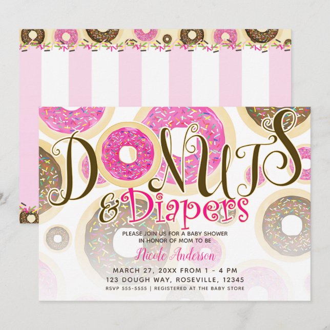 Invitation Donuts & Couches Rose à Paillettes Baby Shower (Devant / Derrière)