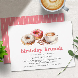 Invitation Donuts et café   Brunch d'anniversaire rose mignon