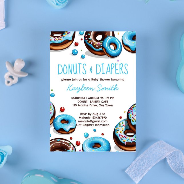 Invitation Donuts et couches bleu marron baby shower (Donuts and diapers blue chocolate brown sprinkles whimsical donuts baby shower invitation template )