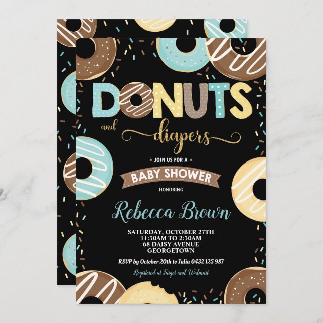 Invitation Donuts et Diapers Baby shower bébé garçon beignets (Devant / Derrière)