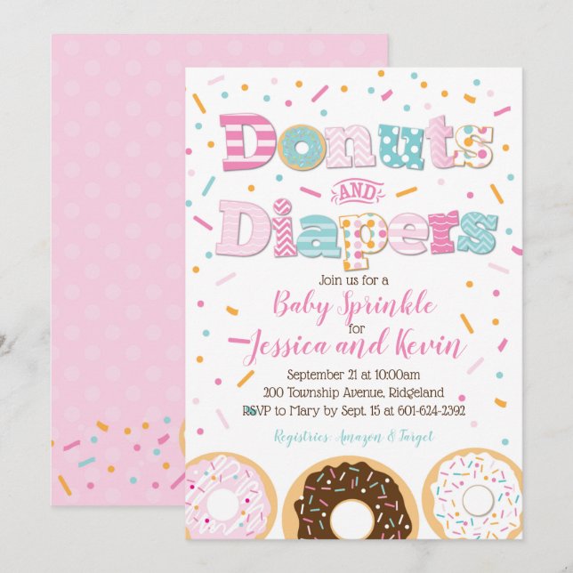 Invitation Donuts et Diapeurs Baby Girl Sprinking ou douche (Devant / Derrière)