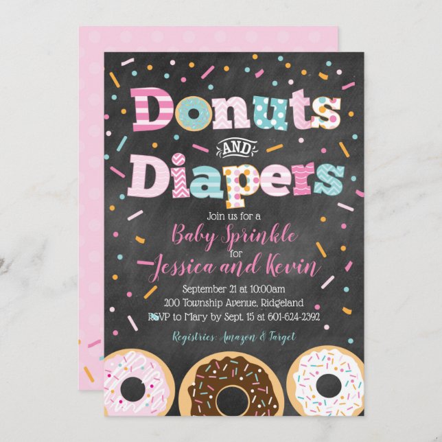 Invitation Donuts et plongeurs Baby Girl Sprinkings or Showsh (Devant / Derrière)