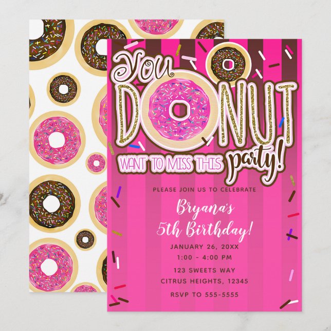 Invitation Donuts rose et marron avec paillettes Fête d'anniv (Devant / Derrière)