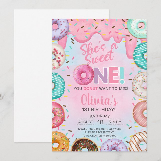 Invitation Donuts Sweet One girl 1st anniversaire invitation. (Devant / Derrière)