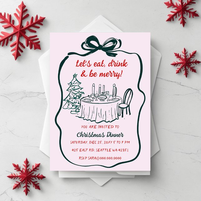 Invitation Doodé à la main rose rouge fête de Noël (Doodle Hand drawn Pink Red Christmas Party Invitation)