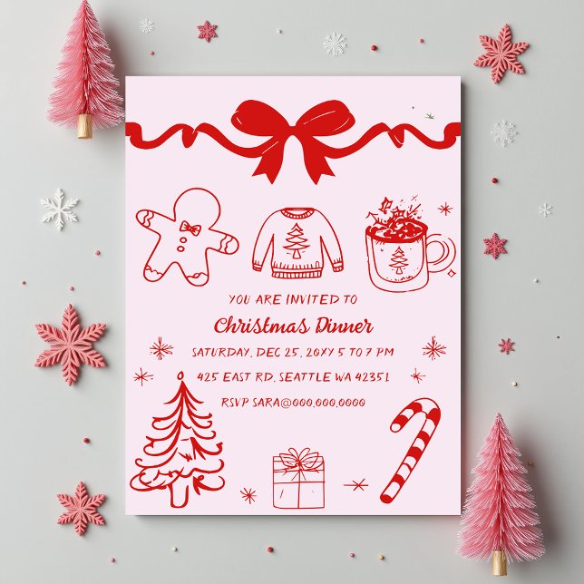 Invitation Doodé à la main rose rouge fête de Noël (Doodle Hand drawn Pink Red Christmas Party Invitation)