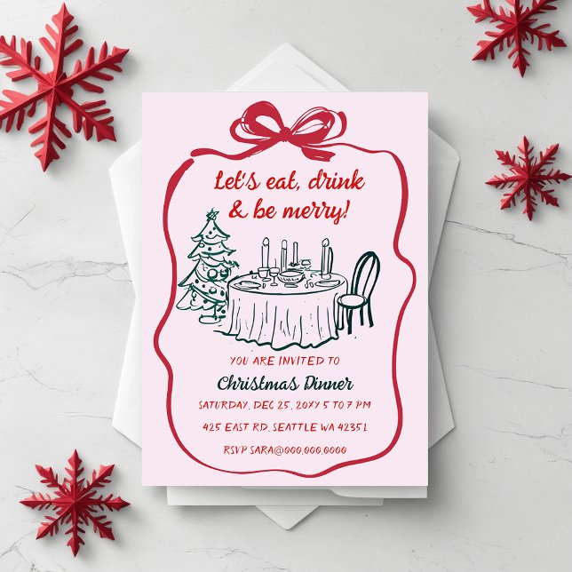 Invitation Doodé à la main rose rouge fête de Noël (Doodle Hand drawn Pink Red Christmas Party Invitation)