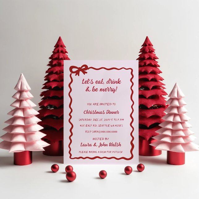 Invitation Doodé main dessiné rose Bow Noël (Doodle Hand drawn Pink Red Bow Christmas Party Invitation)