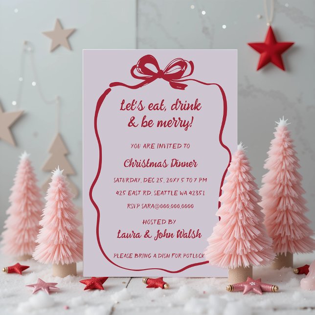 Invitation Doodé main dessiné rose Bow Noël (Doodle Hand drawn Pink Red Bow Christmas Party Invitation)