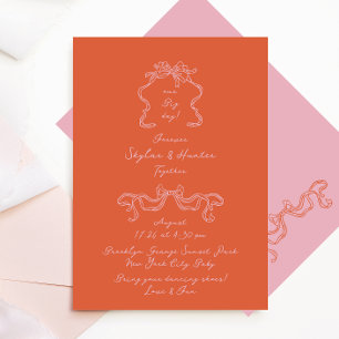 Invitation Doodé manuscrit rétro orange et Mariage rose