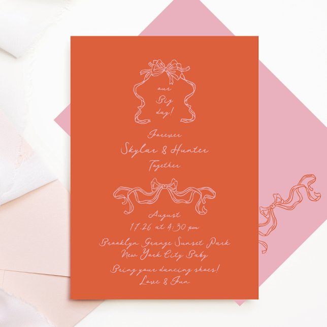 Invitation Doodé manuscrit rétro orange et Mariage rose (Créateur téléchargé)