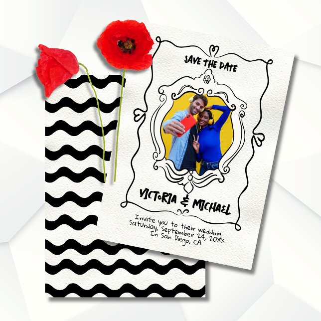 Invitation Doodle à main Photo Enregistrer la date (Créateur téléchargé)