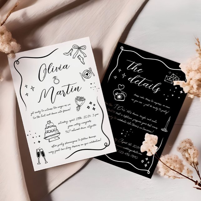 Invitation Doodle amusant à main Mariage noir et blanc (Créateur téléchargé)