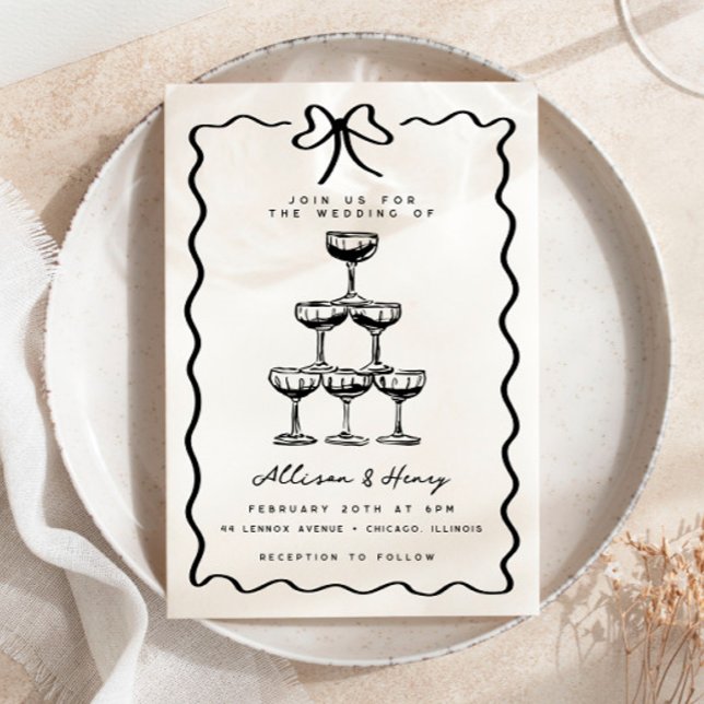 Invitation Doodle Champagne Tower Mariage Whimsical Bow (Créateur téléchargé)