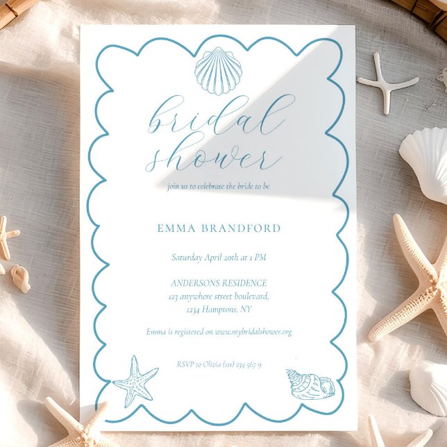 Invitation Doodle Côtière Bleu Blanc Shower de Mariage  (Coastal Doodle Blue White Bridal Shower Invitation)