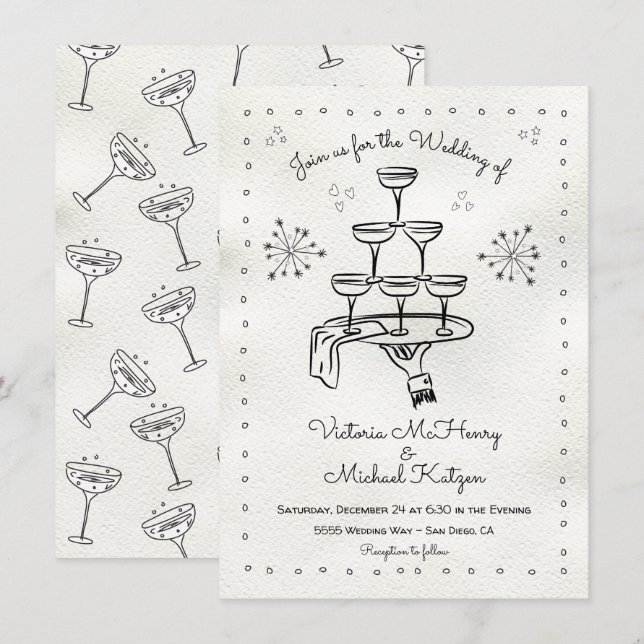 Invitation Doodle croquis Funky Champagne Mariage (Devant / Derrière)